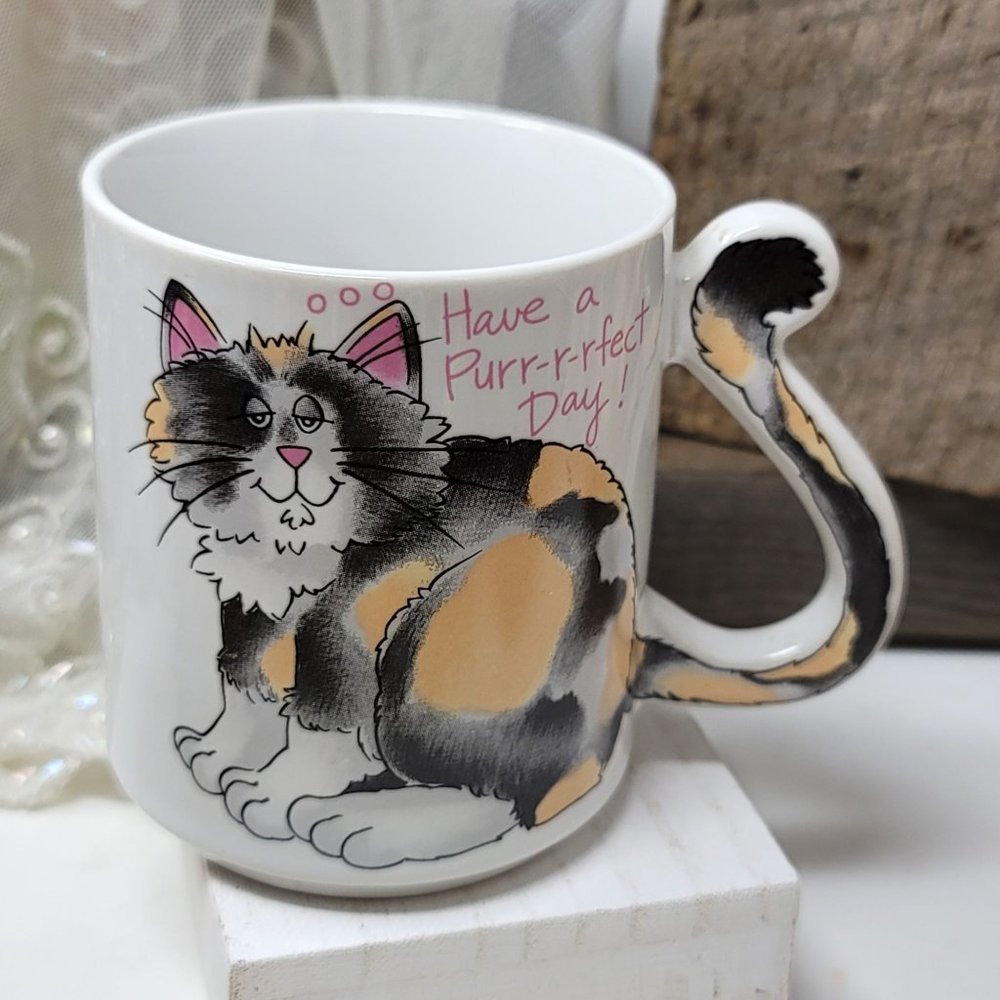 Vintage Cat Coffee Mug w/ Tail Handle Have a Perfect Day Japan